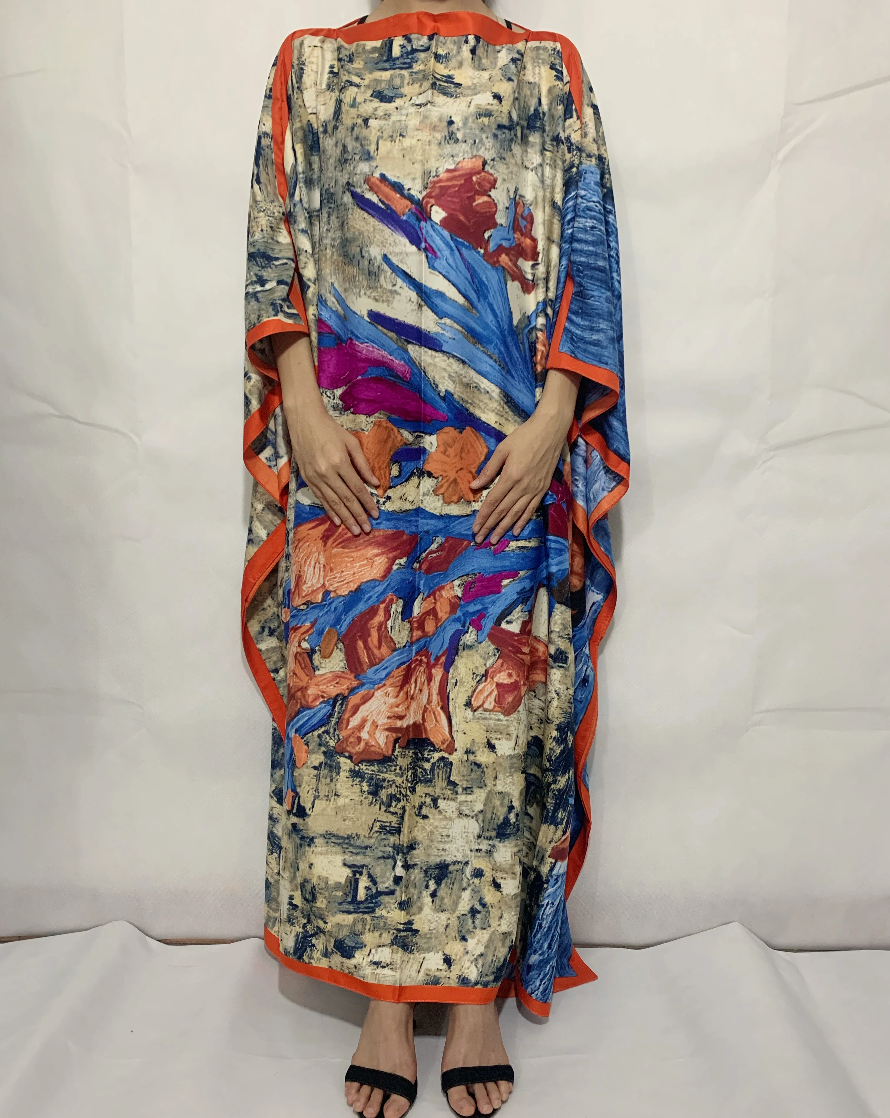 African Fashion Sun flower Printed Summer Muslim Lady Silk Boho Kaftan Maxi Dress Kuwait Blogger Loose Long Abaya For Holiday