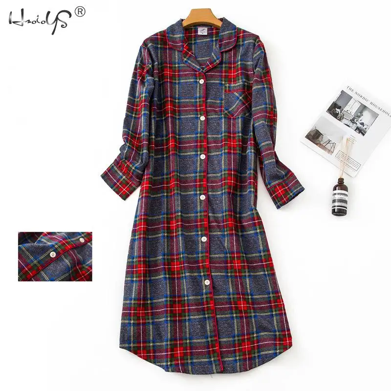 Nightgown Pyjamas Women\'s Sleepwear Lady Cotton Long Nightdress Plaid Cartoon Pyjamas Loungewear Nightwear With Pocketed