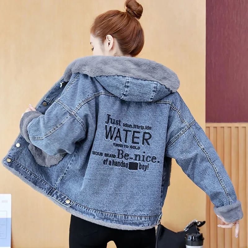 Plus Velvet Vintage Jean Jackets Women 2023 Winter Clothing Thick Wool Hooded Denim Coats Streetwear Black Short Warm Outerwear