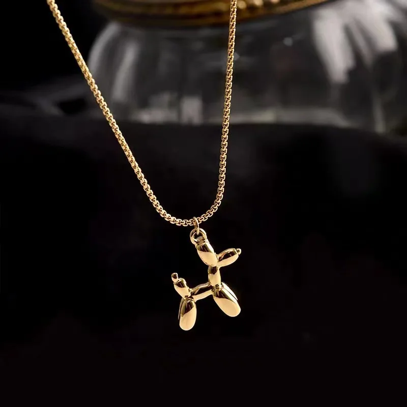 DIEYURO 316L Stainless Steel Cute Style Balloon Dog Golden Pendant Necklace Sweet Funny Clavicle Chain Unique Girl Birthday Gift
