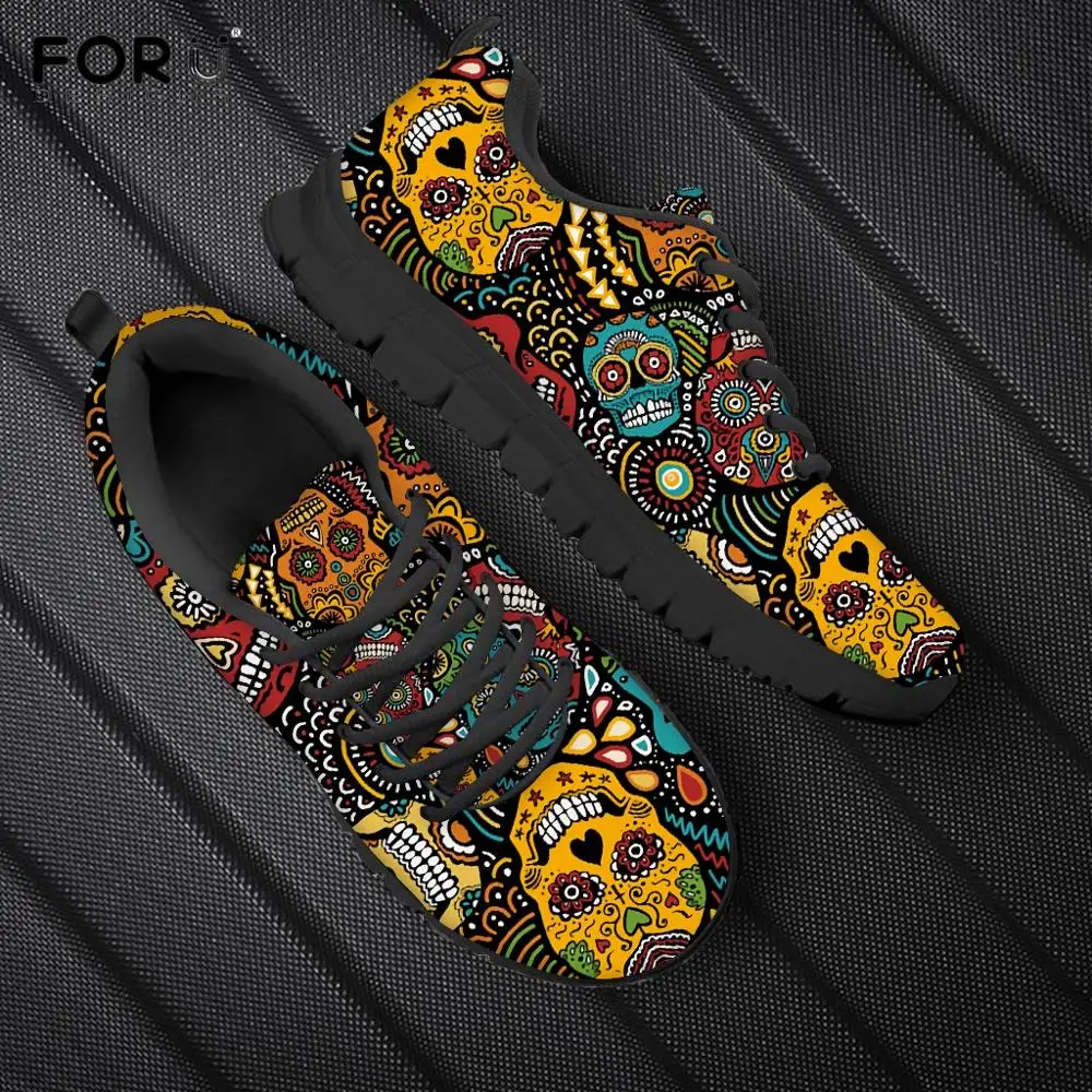 FORUDESIGNS Classic Sugar Skull Printed Men Flats Sneakers Brand Design Spring/Autumn Lace Up Shoes Breathable Male Walking Shoe