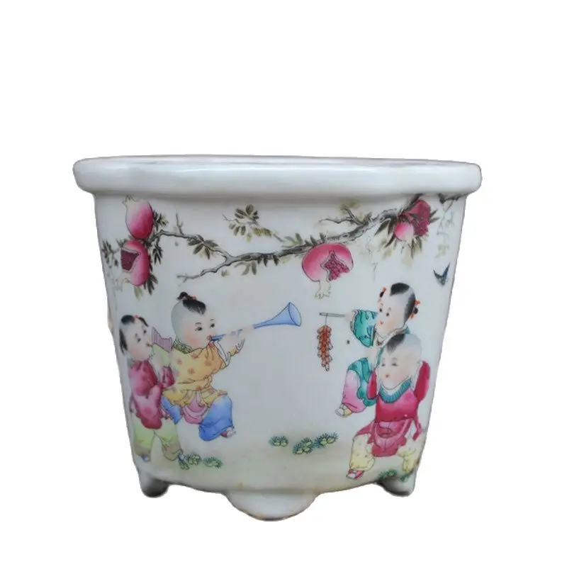 Chinese Old Porcelain Pastel Pomegranate Boy Picture Meaty Plant Flower Pot