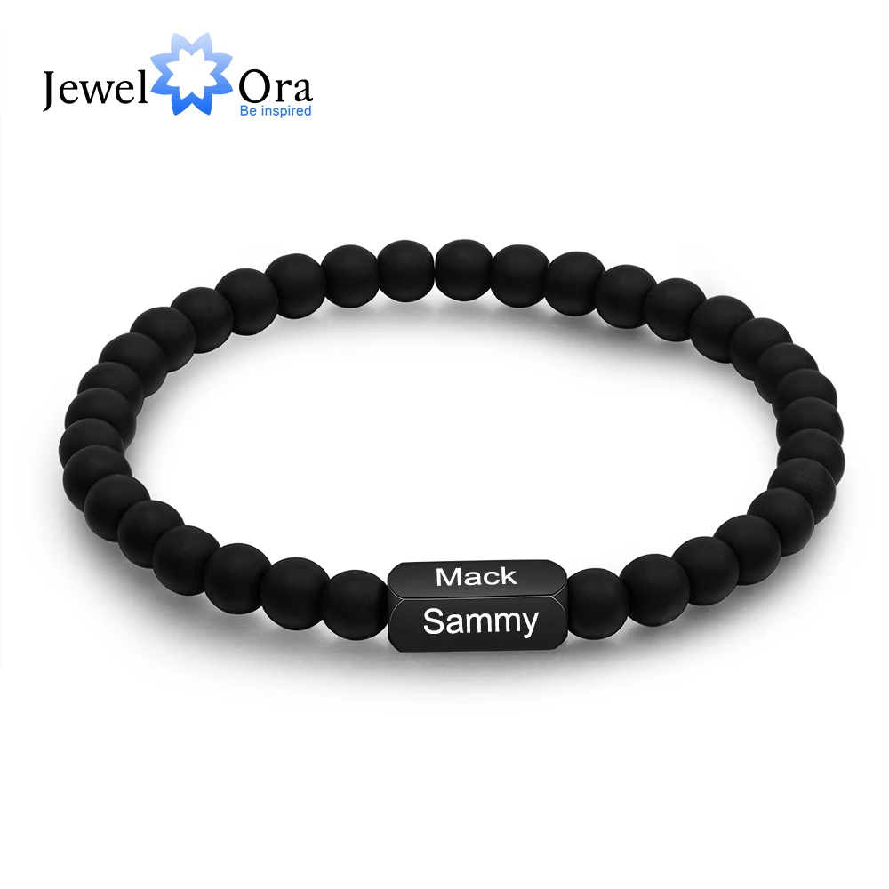 JewelOra Personalized Stainless Steel 4 Sides Engraved Bracelets for Men Customized Black Beaded Chain Bracelet Husband Gift