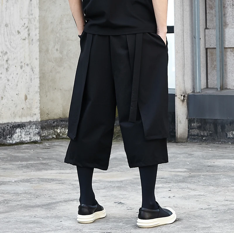 

Men Fake 2PCS Splice Loose Casual Wide Leg Pants Male Japan Streetwear Hip Hop Punk Gothic Straight Harem Pant Skirt Trousers