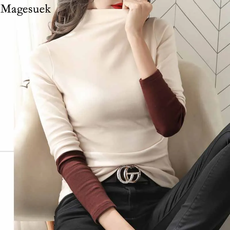 

Cotton Half-turtleneck Women's Bottoming Shirt Long Sleeve Fashion Solid Slim Stitching Autumn 2020 Pullover T-shirt 11219