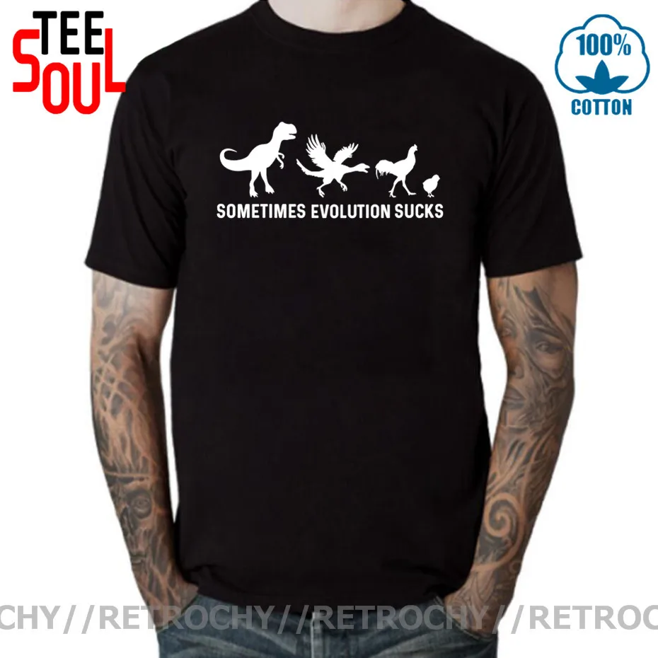 Retrochy Sometimes Evolution Sucks T-Shirt Funny Darwin Retro Dinosaur Birds Comic Short Sleeve O Neck Cotton T Shirt Summer Top