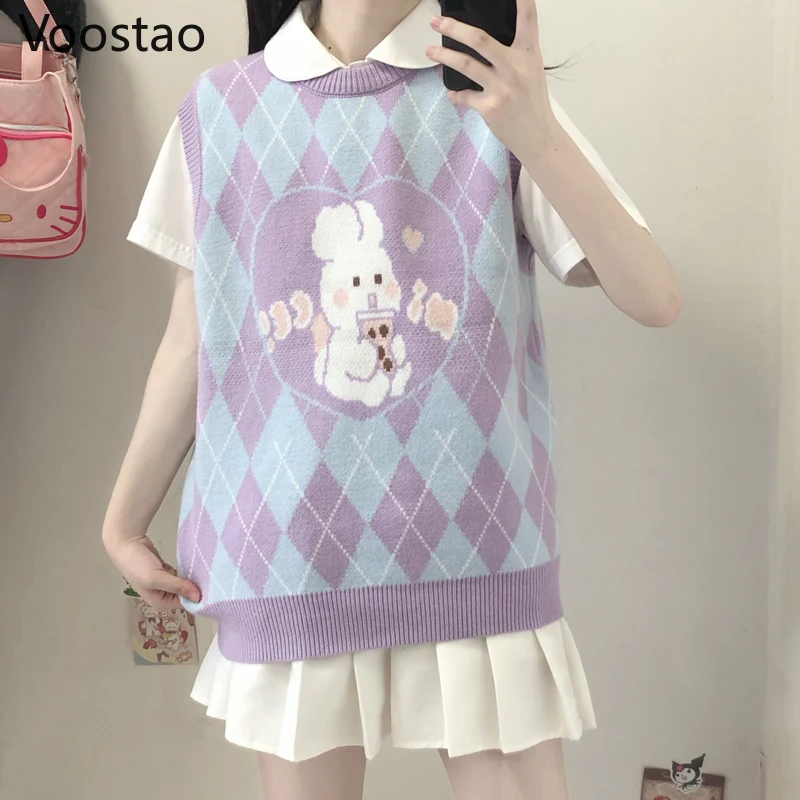 Japanese Sweet Lolita Style Milk Tea Rabbit Knitted Pullovers Spring Autumn Women Cute Bunny JK Sweater Vest Girly Waistcoat