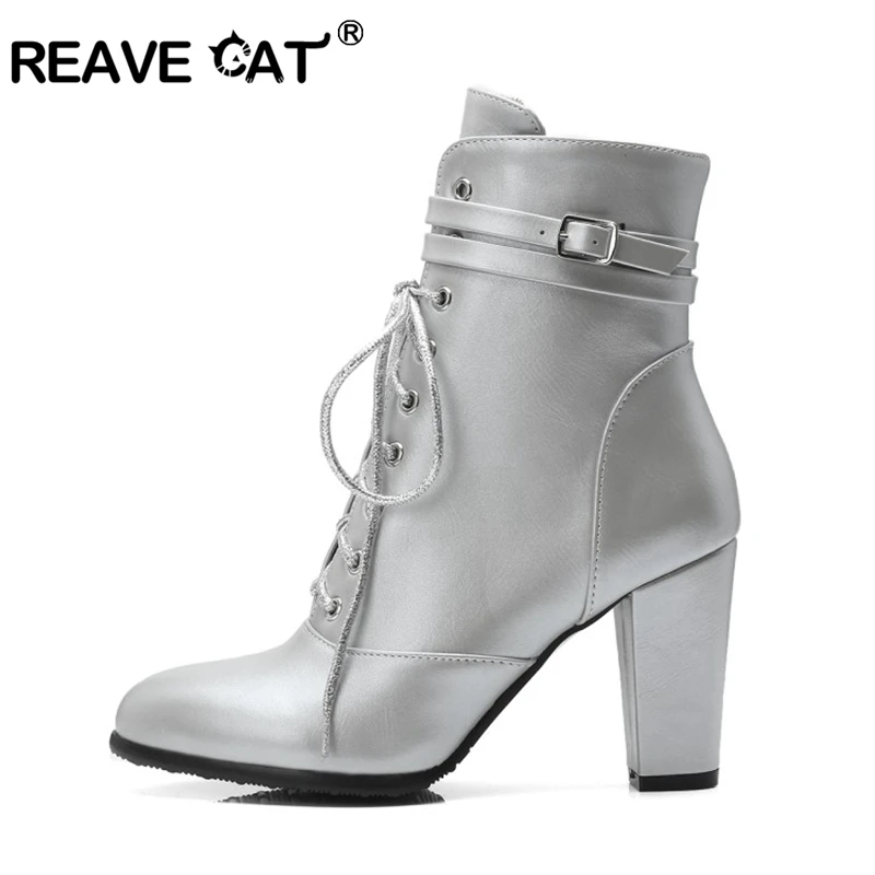 

REAVE CAT Autumn Mid-Calf boots Pointed toe 9cm square heels Buckle Cross-tied Zipper Big size 33-44 Black Sliver Club S1995