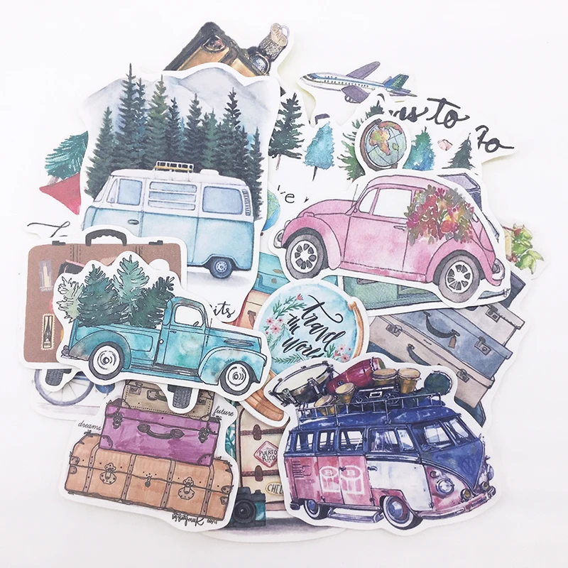 24PCS DIY Scrapbooking Hand-painted Stickers Plant Trees Car Bus Slow Life Album Daily Happy Planner Label Decoration Stickers