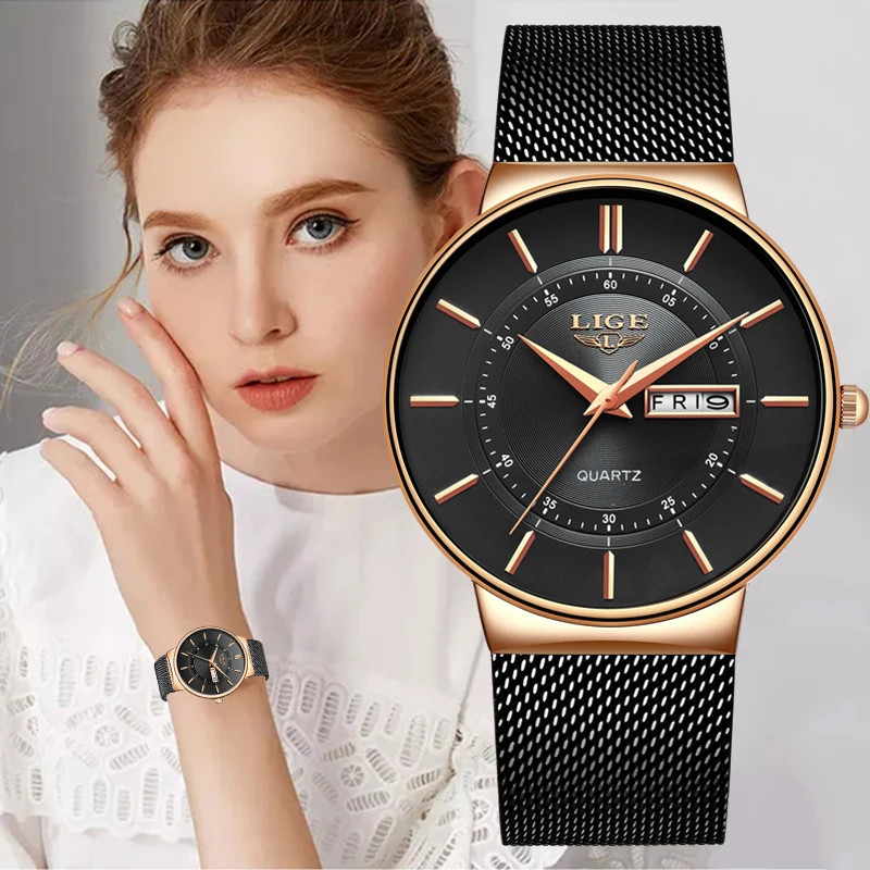 

LIGE Women Watches Luxury Brand Ultra-thin Calendar Week Quartz Watch Ladies Mesh Stainless Steel Waterproof Gift reloj muje+Box