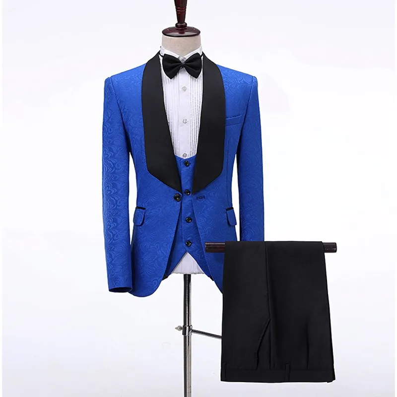 

Men Suits Royal Blue and Black Groom Tuxedos Shawl Satin Lapel Groomsmen Wedding Best Man ( Jacket+Pants+Vest+Bow Tie ) C692