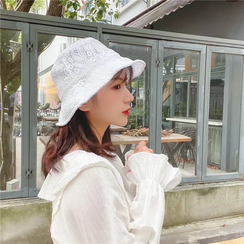 Sun Korean seaside Vintage Elegant Lace Bucket Hat Women Summer Beach Sun Hats Fashion Korean caps Breathable Fisherman cap