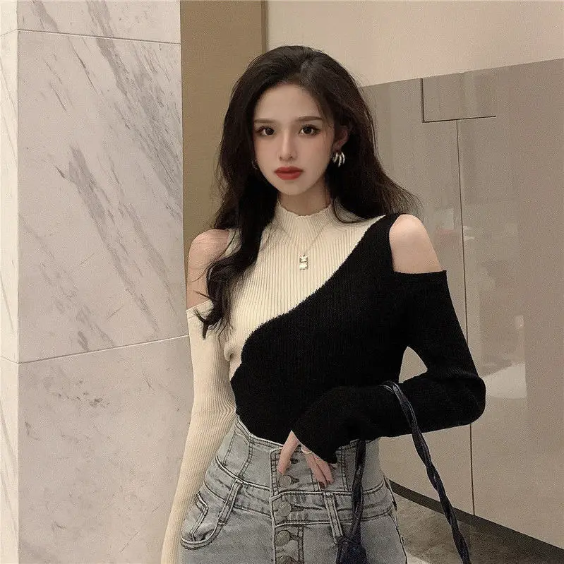 Woman Sweaters Women\'s Knitwear 2024 Autumn Sweater Slim-Fit Contrast Colors off-the-Shoulder Top Femme Chandails Pull Hiver