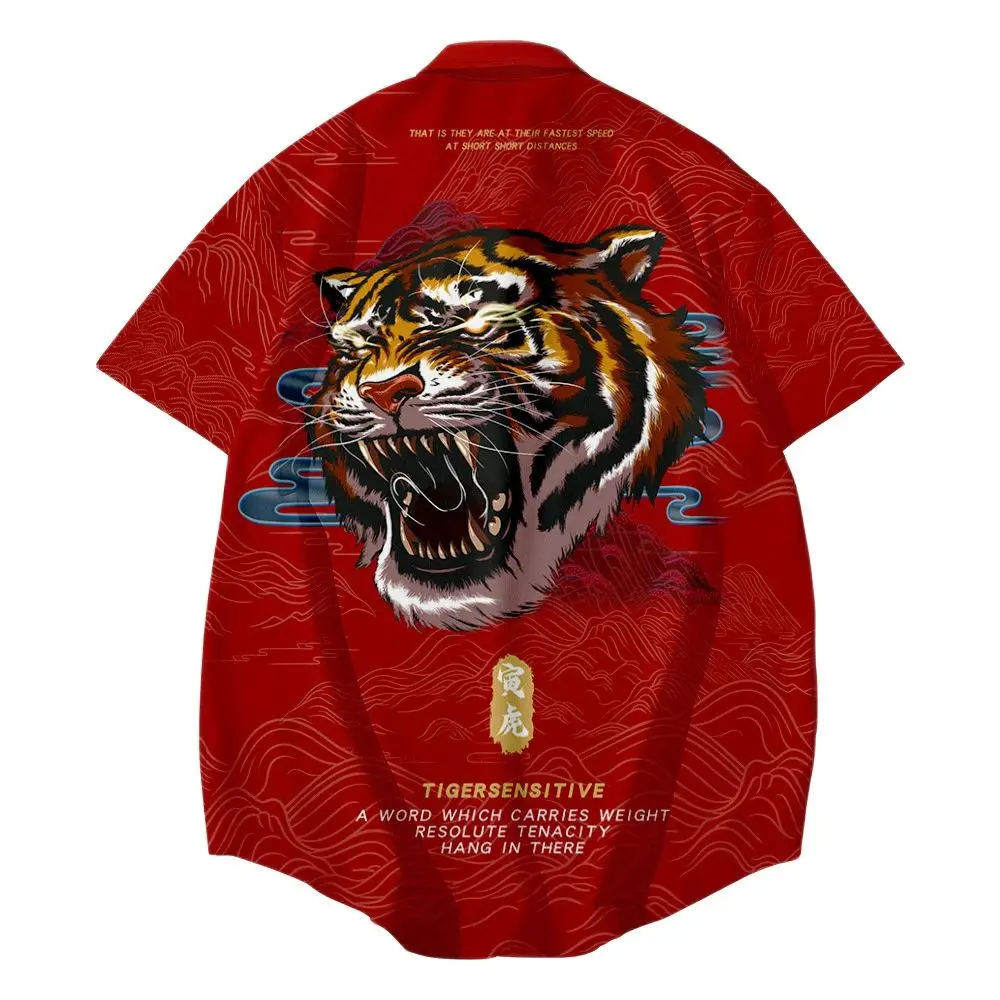 

Summer High Quality Men Hawaiian Red Tiger Printed Short Sleeve Shirt Men Beach Loose Shirts Big Size 6XL