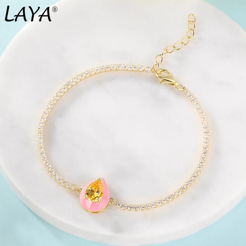 Laya Silver Bracelet For Women Pure 925 Sterling Silver Shiny White Cubic Zirconia Pink Enamel Fashion Jewelry Handmade Enamel