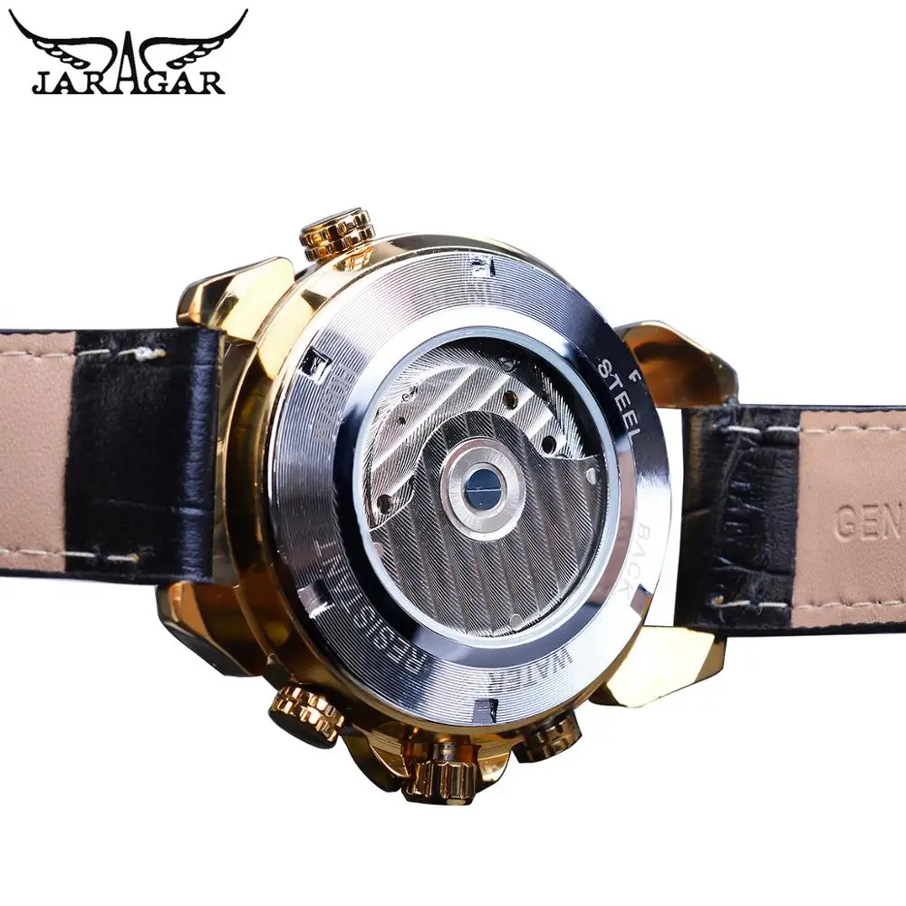 Jaragar Brand Reloj Men Mechanical Watch Tourbillon Golden Date Black Genuine Leather Belt Male Automatic Watches Christmas Gift