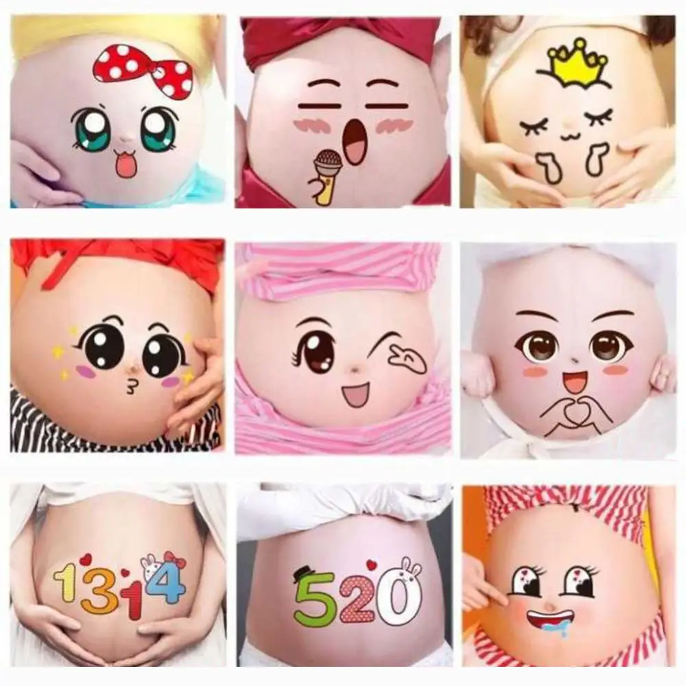 2Pcs Cute Cartoon Belly Sticker Temporary Tattoos Expression Pregnant Photo Prop Fashion Body Art Belly Stickers