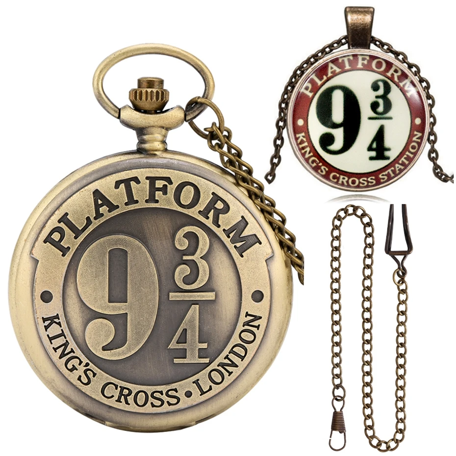 Vintage King's Cross London 9 3/4 Platform Quartz Pocket Watch Gifts Set with 9 3/4 Platform Chain Necklace Pendant Clock reloj