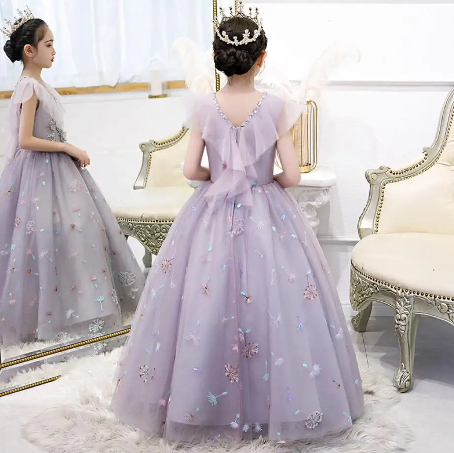 Violet Tulle Princess Dress for Girl Wedding Party Ball Gown Sequin Lace Long Prom Dress Toddler Kids Formal Birthday Vestidos