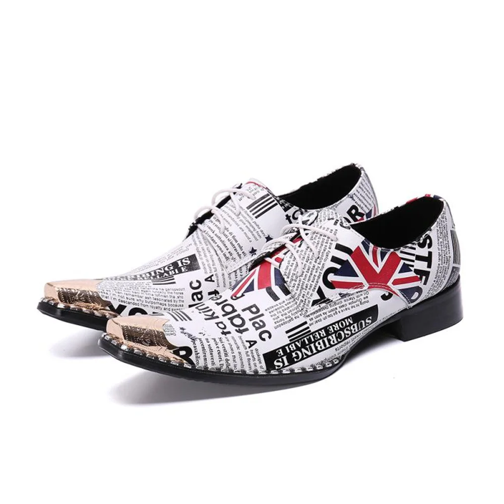 

White Print Men Genuine Leather Wedding Shoes British Style Pointed Toe Lace Up Derby Business Casual Shoes