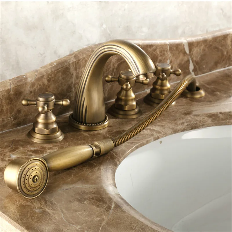 Brass Classtic Bathtub Faucet Set with Handheld Shower Deck Mounted 5 Holes Hot and Cold Taps Garden Bathtub Water Mixer