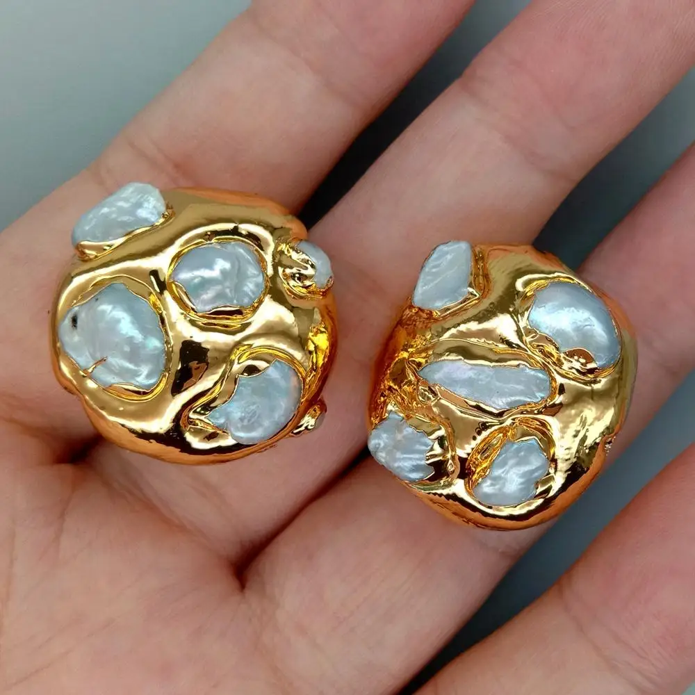 5 pcs Freshwater Cultured White Keshi Pearl Beads Gold Plated Coin Beads