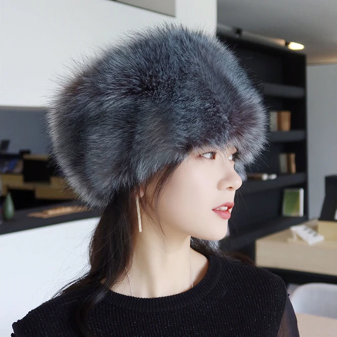 

Women Hats Lady Russian Tick Fluffy imitation Fox Fur Hat Headband Winter Earwarmer Ski Hat Female Hats For Autumn winter Gray