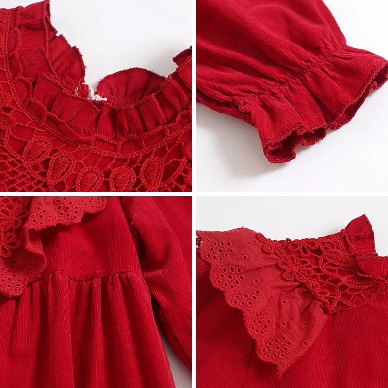 Spring Autumn Teenager Kids Dress Solid Knee Length Lace Patchwork Princess Dress for Girls Long Sleeve Robe Enfant Fille 6-16T