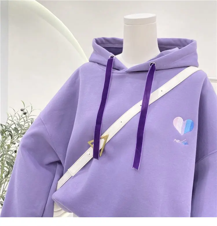 Winter Sweet Casual Plus Fleece Women Sweatshirt Embroidered Letters Padia Female Hoodie Coat Peach Heart Taro Purple Pullover