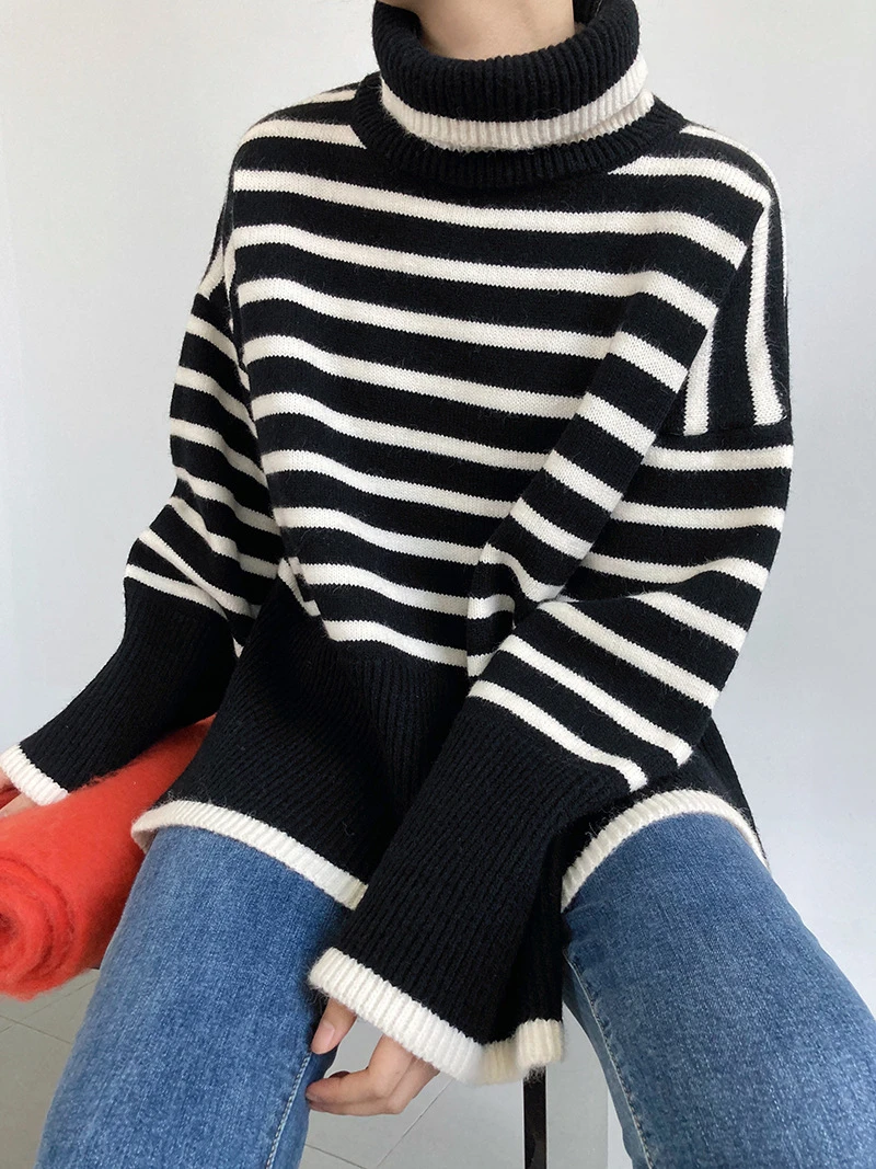 LMQ NEW Turtleneck Black And White Striped Sweater Women Loose  Lazy Korean Style Knitted Ribbed Pullover Tops Streetwear Jumper