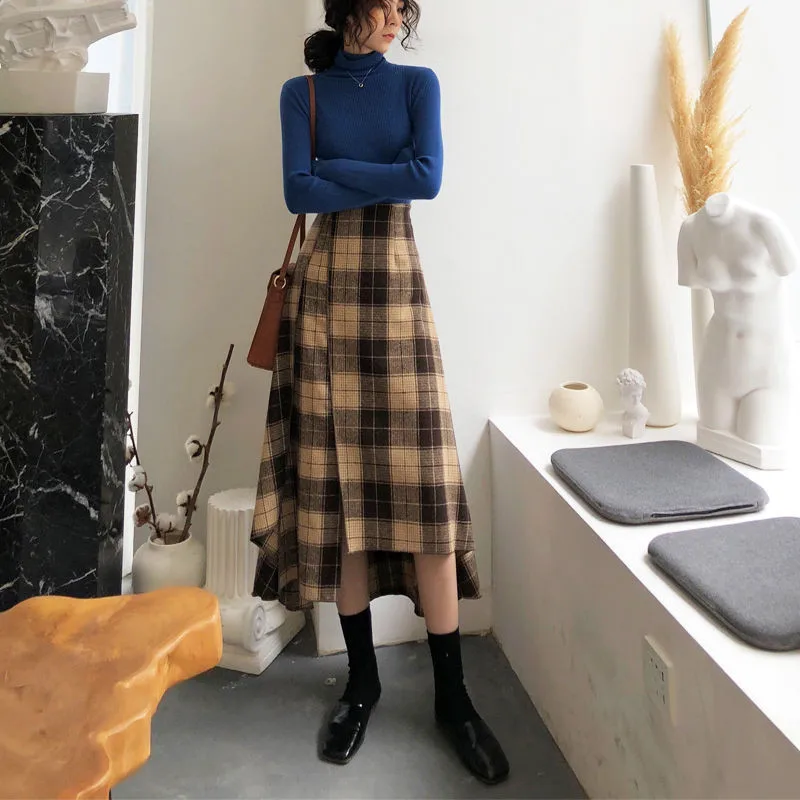 Irregular Wool Plaid Skirt Winter Women High Waist Woolen Long Skirts Fashion Elegant Female Midi Skirts Checked Faldas saia