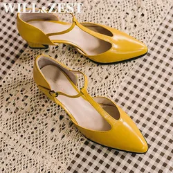 Will & Zest Yellow Pumps T-Strap tacchi in pelle verniciata Drag Queen Shoes borgogna Chunky Mary Jane Parkside Block sandali donna 2024