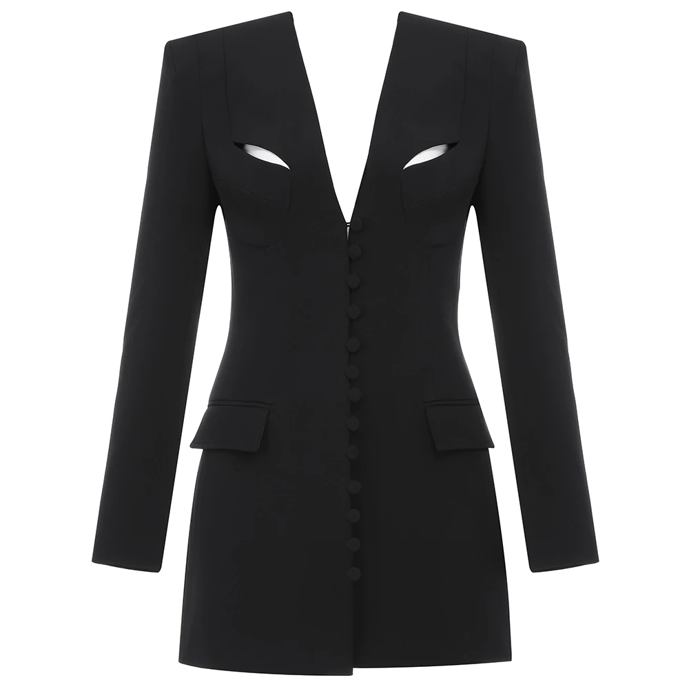 

New New Women Dress Long Sleeve Blazer Dress Sexy Deep V Neck Button Casual Mini Dress Ladies Clothing