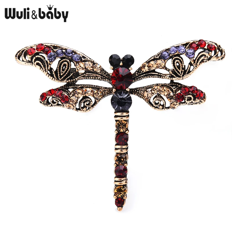 Wuli&baby Rhinestone Green Red Dragonfly Brooches Classic Vintage Insects Brooch Pins Gifts