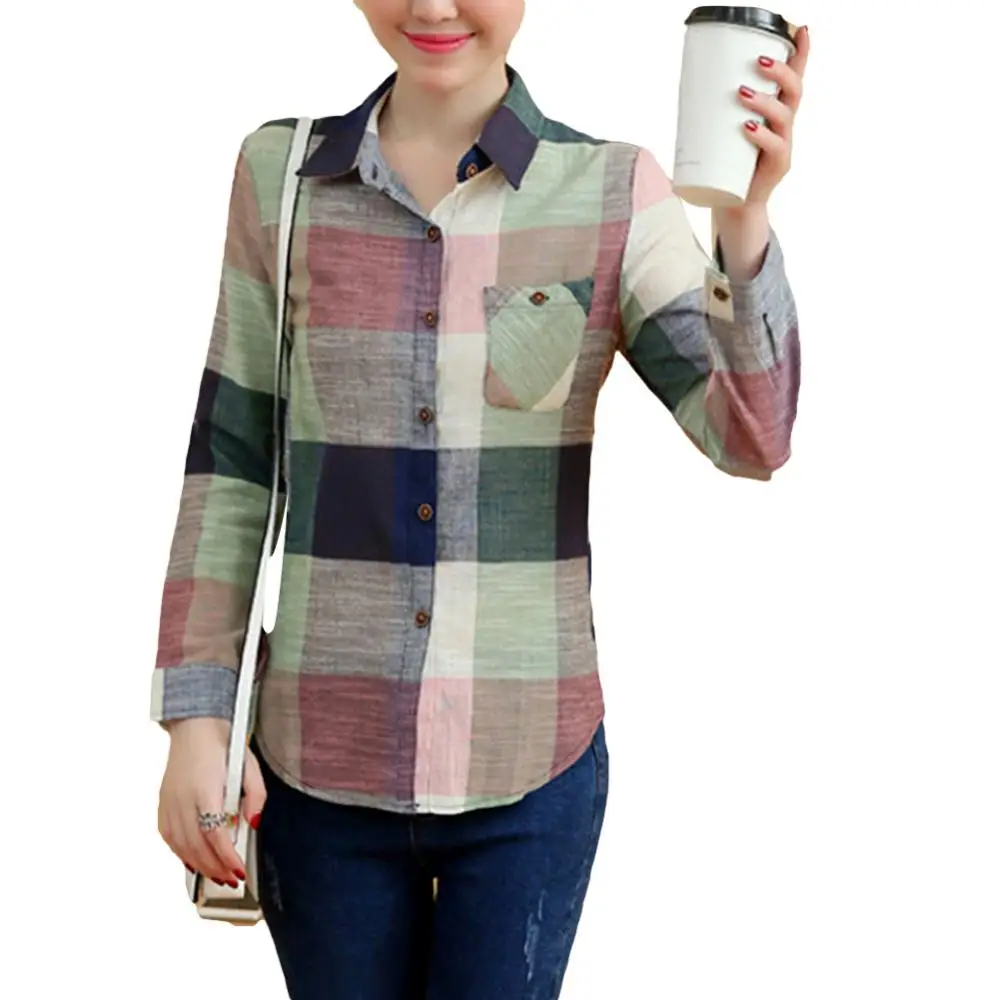 Women\'s Shirt 2021 Autumn And Winter Female Shirt Plaid Shirt Ladies Slim Long Sleeve Cotton Blouse Top Female Outerwear