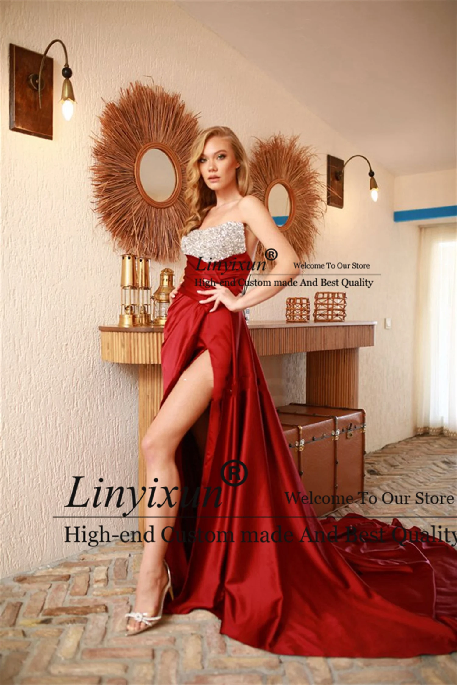 Sexy Burgundy Long Evening Dress Off Shoulder Strapless Prom Dresses Beads Sweep Train Party Gowns Arabic Dubai robes de soirée