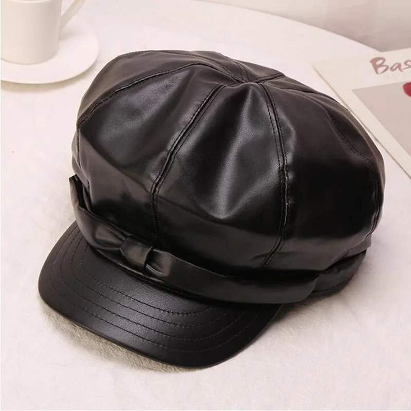 

H280 PU Leather Octagonal Hat Female British Fashion Retro Cap Ladies Autumn Winter Japanese Solid Color Painter Newsboy Hats