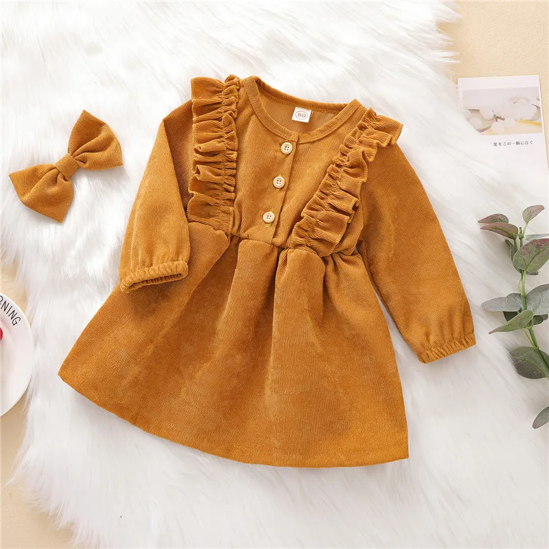 Autumn Winter Toddler Baby Girls Dress Long Sleeve Ruffles Princess Dress Kids Corduroy Pleated Fashion Children Casual Dress