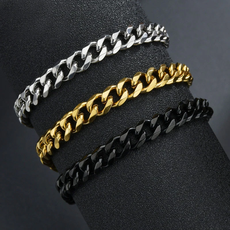 Men 3/5/7mm High Quality Stainless Steel Bracelets  Black Color Punk Curb Cuban Solid Link Chain Bracelets Jewelry Gifts