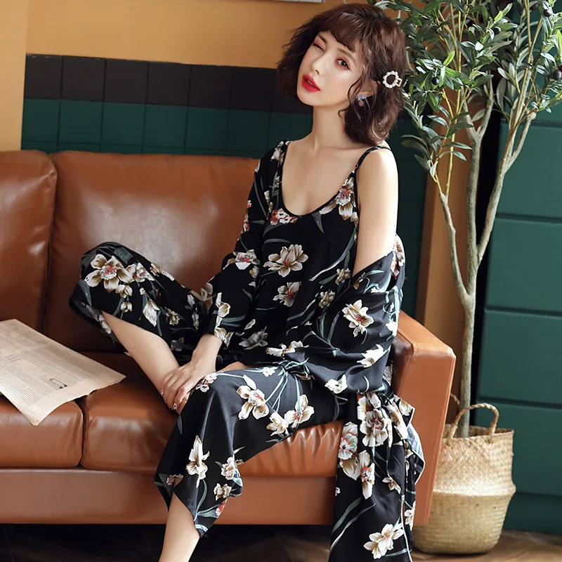 New 3 Pieces Soft Autumn Summer Women Pajamas Sets Floral Printed Sleepwear Robe Sling Top Pants Female Leisure Nightwear Suit