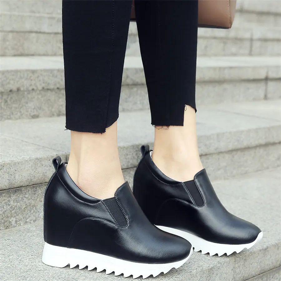 Platform Pumps Shoes Women Slip On Genuine Leather Wedges High Heel Ankle Boots Female Round Toe Fashion Sneakers Casual Shoes