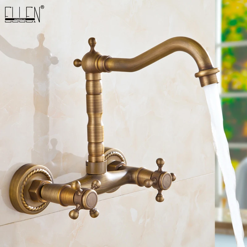 

Wall Mounted Kitchen Sink Faucet Antique Bronze Sink Crane Hot Cold Water Mixer Tap Luxury Vintage Balcony Kitchen Faucet ELK44