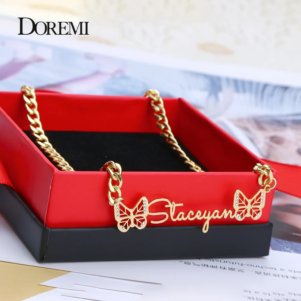 Cuban Chain Personalized Iced Out Name Necklace&Pendant Butterfly Custom  Stainless Steel Zirconia Hip Hop Nameplate Jewelry Men