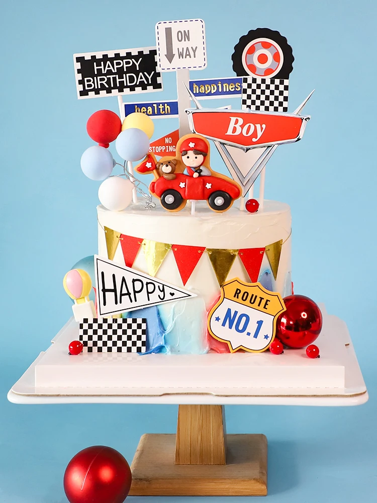 DIY Racing Boy Cake Topper For Child Happy Birthday Party Decoration Tools Doll Ornaments Soft Pottery Car Theme Decor Party Top