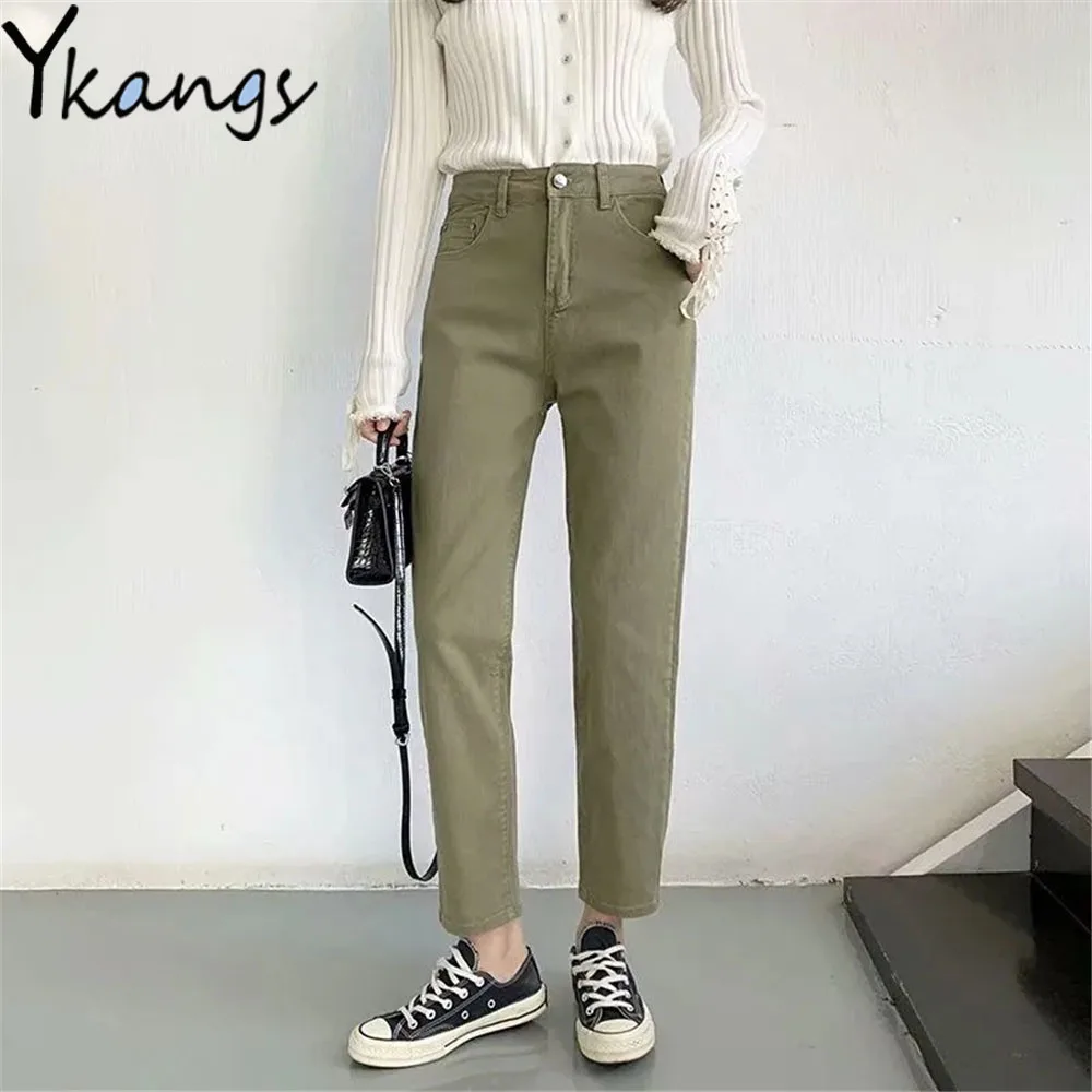 Solid Color Green High Waist Harem Jeans Boyfriend Women Streetwear Mom Denim Pants Loose Korean Fashion Wild Straight Trousers