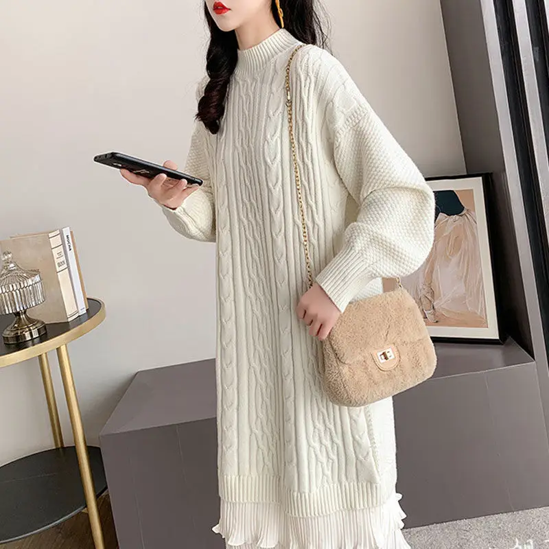 Autumn Winter Ladies Long Sleeve Sweater Ruffle Dress Mid-Length 2021 New Style Women\'s Knitted Base Dress Loose Jumper M771