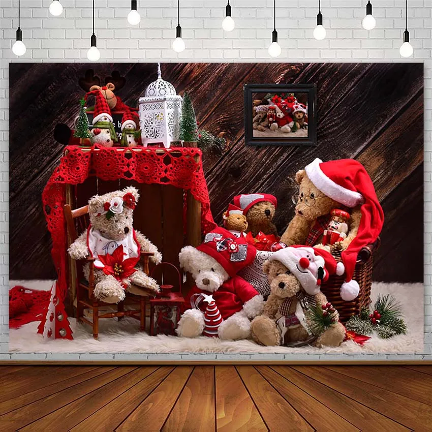 Winter Christmas Tree Backdrop Toy Bear Snowman Plank White Blanket Kid Photography Background Photostudio Photozone Decor Props