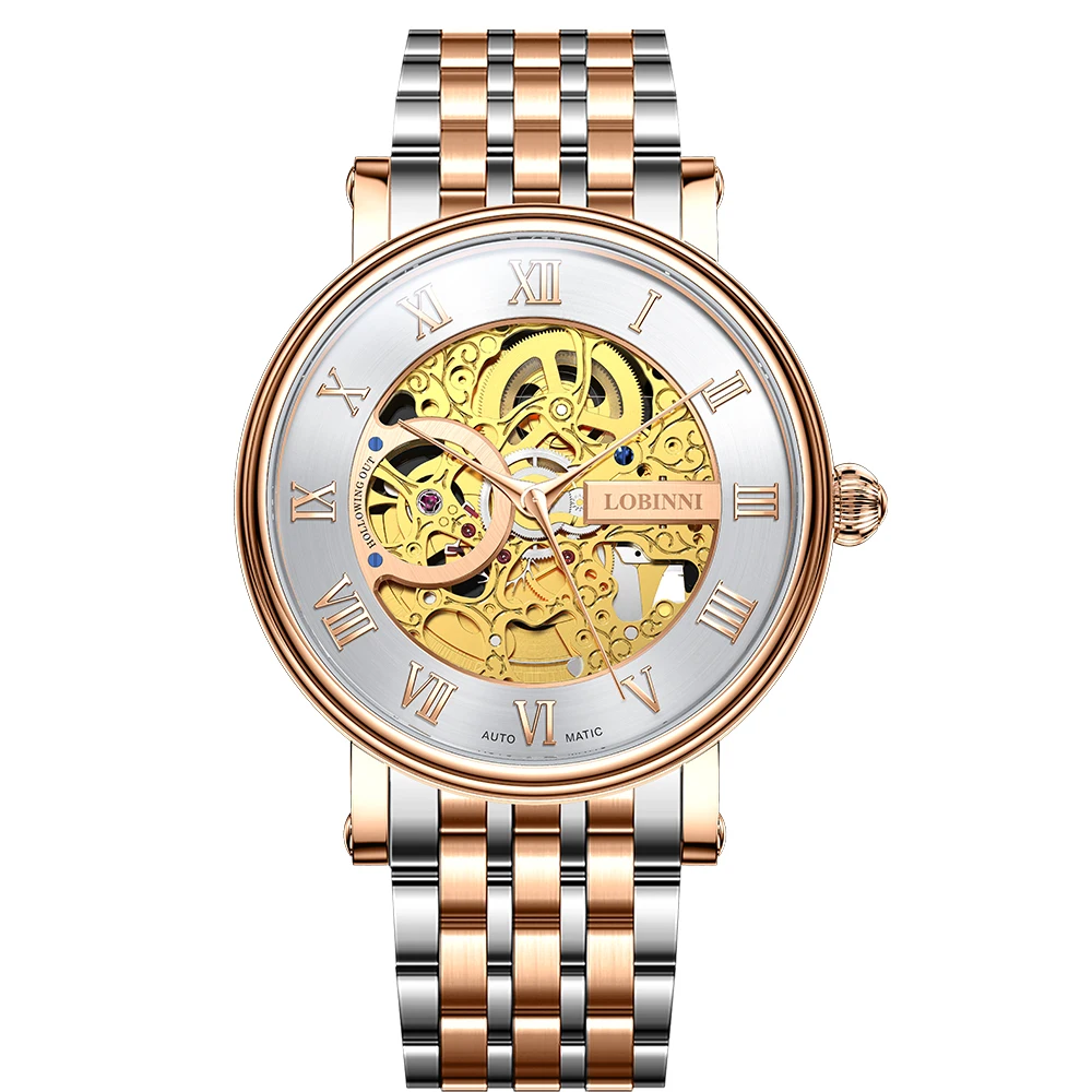 LOBINNI New Transparent Case Open Work Stainless Steel Mechanical Skeleton Wrist Watch Luxury Men Waterproof Automatic Watches