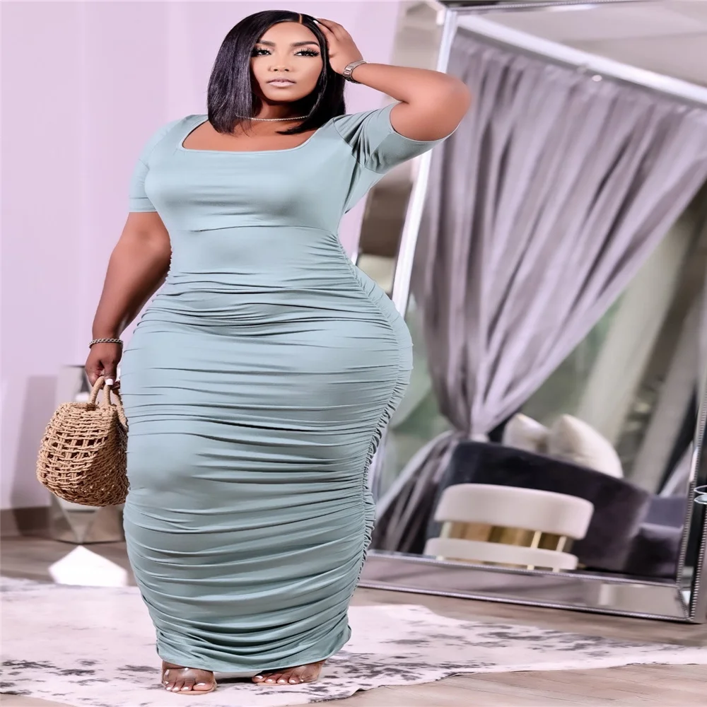 Plus Size 5XL Solid Folds Dress Floor Length Round Neck 2021 Summer Fashioh Sexy Festival Clothing Wholesale Dropshipping