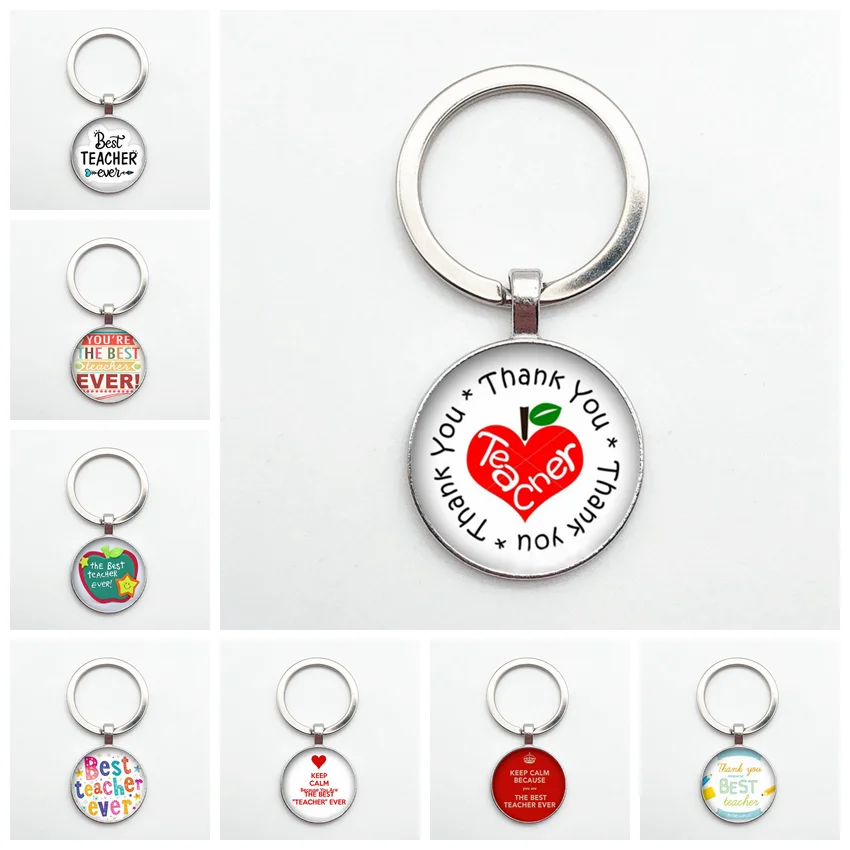 

New Thank You Teacher Cute Pattern Keychain Thanks Teacher Convex Glass Pendant Keychain Teacher's Day Gift